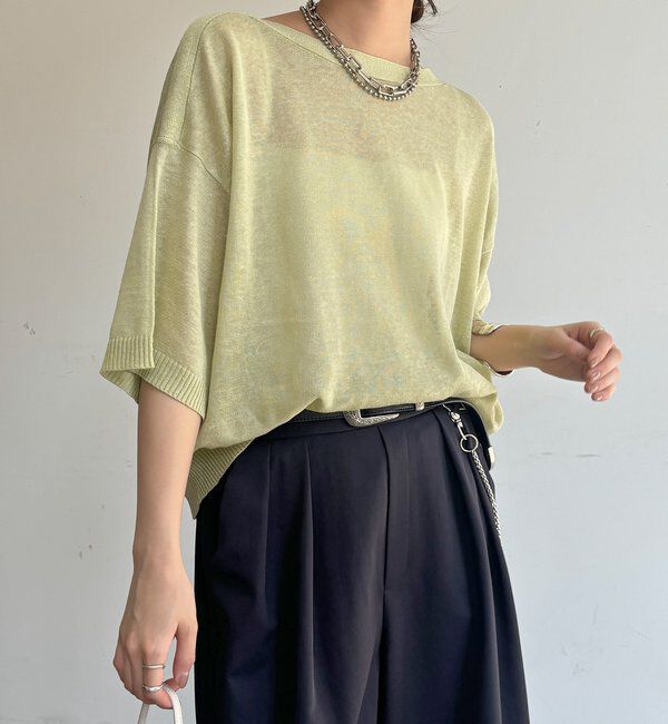  「【WEB限定】ボートネック肩ボタンワイドプルオーバー」|ニット・セーター|グリーンイエロー