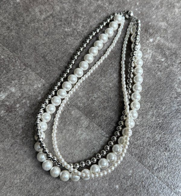  「パール&times;シルバーボールチェーン3連マグネットネックレス」|ネックレス|