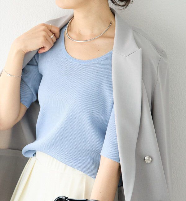  「予約【アンサンブル対応可】コットンUネックリブニット」|ニット・セーター|サックスブルー