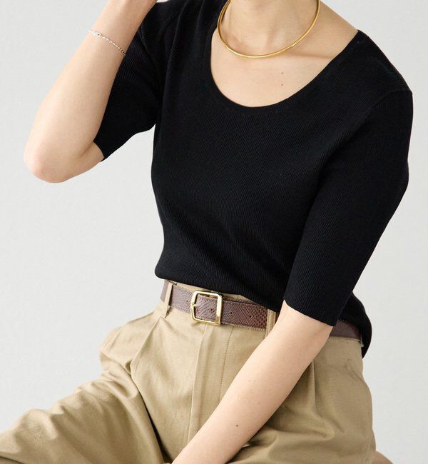  「予約【アンサンブル対応可】コットンUネックリブニット」|ニット・セーター|ブラック