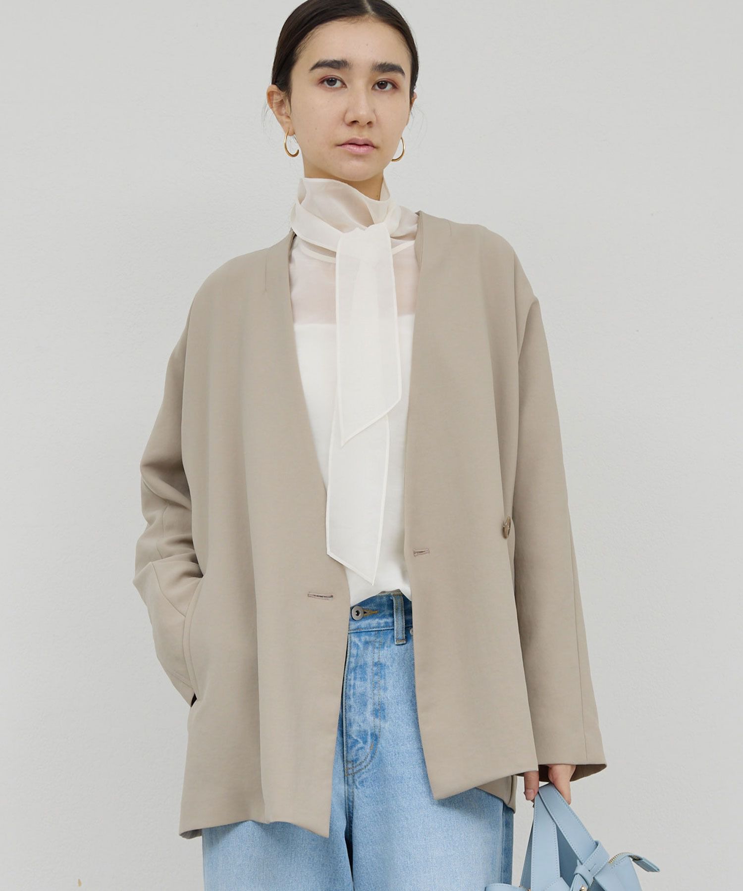  「ジャージーノーカラージャケット」|その他|グレージュ