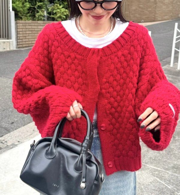  「ポコポコニットカーディガン」|カーディガン|レッド
