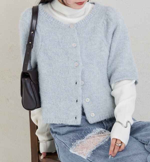  「ふわふわ半袖ニット カーディガン」|カーディガン|ブルー