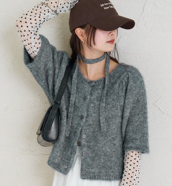  「ふわふわ半袖ニット カーディガン」|カーディガン|チャコールグレー
