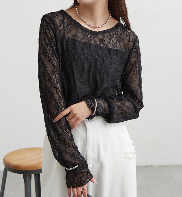  「裾ギャザーレースロングTシャツ」|Tシャツ・カットソー|