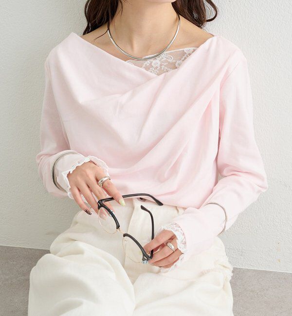  「レースドッキングオフショルロンT」|Tシャツ・カットソー|ピンク
