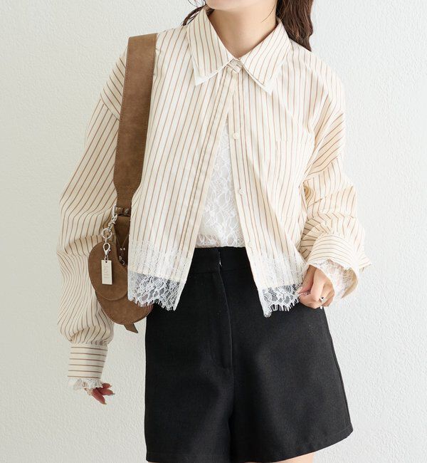  「ストライプ裾レースシャツ」|シャツ・ブラウス|ベージュ