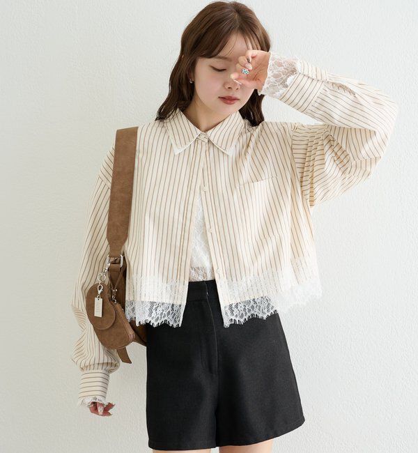  「ストライプ裾レースシャツ」|シャツ・ブラウス|