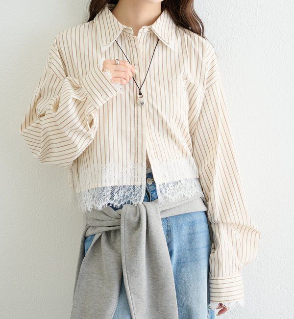  「ストライプ裾レースシャツ」|シャツ・ブラウス|