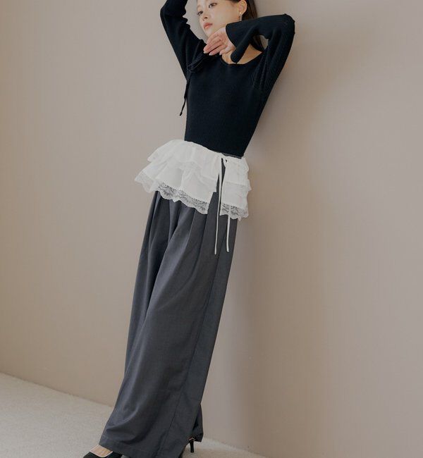  「【SALON by Chico】取り外しフリルルーズラインストーンスラックス」|チノ|