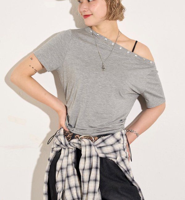  「ワンオフショルスタッズドロストTEE」|Tシャツ・カットソー|