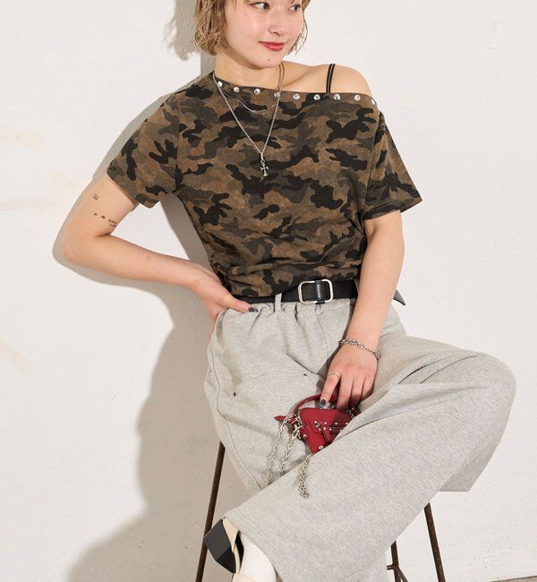  「アソート (カモ柄/ヒョウ柄)/ドット柄)スタッズドロストワンショルTEE」|Tシャツ・カットソー|