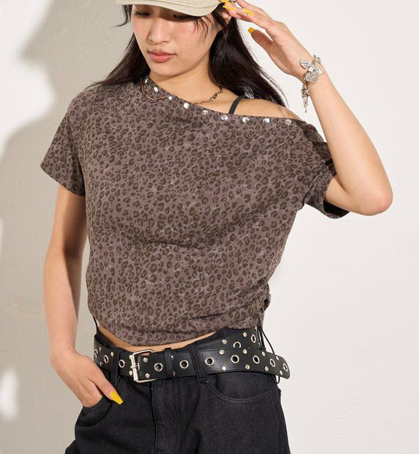  「アソート (カモ柄/ヒョウ柄)/ドット柄)スタッズドロストワンショルTEE」|Tシャツ・カットソー|