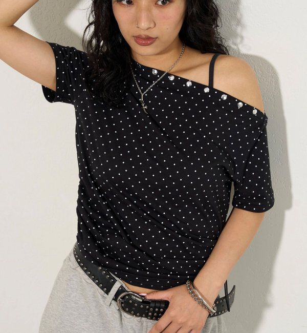  「アソート (カモ柄/ヒョウ柄)/ドット柄)スタッズドロストワンショルTEE」|Tシャツ・カットソー|