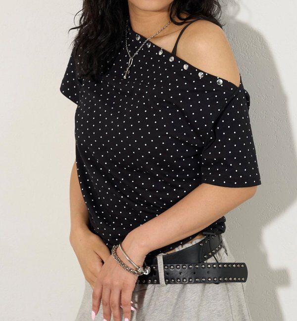  「アソート (カモ柄/ヒョウ柄)/ドット柄)スタッズドロストワンショルTEE」|Tシャツ・カットソー|