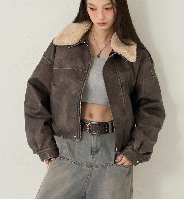 「3way ヴィンテージライクレザーボアブルゾン」|ブルゾン・スタジャン|ブラウン