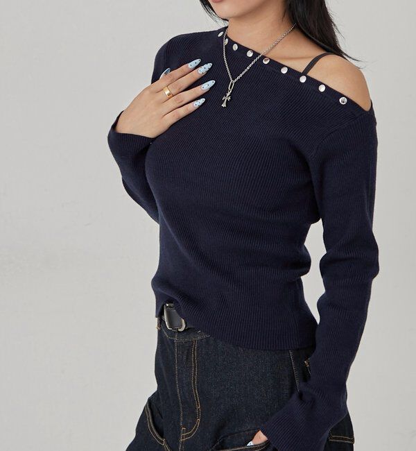  「スタッズワンオフショルニット」|ニット・セーター|ネイビー