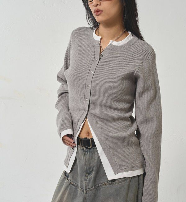  「レイヤードヘンリーナローカーデ」|ニット・セーター|グレー