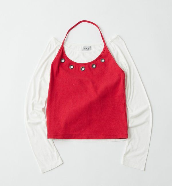  「アイレットホルターレイヤードトップス(無地/ボーダー/ドット)」|Tシャツ・カットソー|