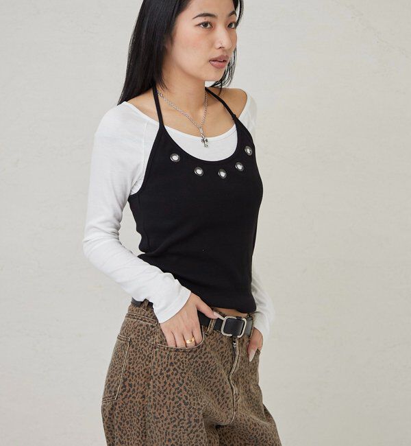  「アイレットホルターレイヤードトップス(無地/ボーダー/ドット)」|Tシャツ・カットソー|