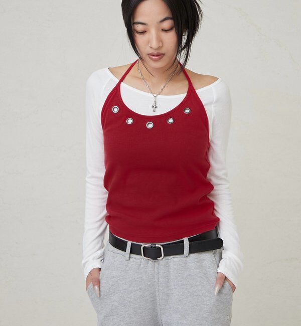  「アイレットホルターレイヤードトップス(無地/ボーダー/ドット)」|Tシャツ・カットソー|