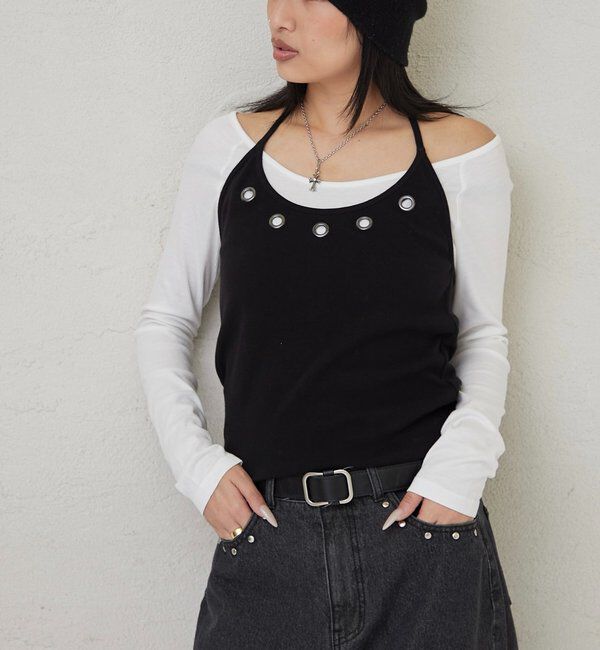  「アイレットホルターレイヤードトップス(無地/ボーダー/ドット)」|Tシャツ・カットソー|
