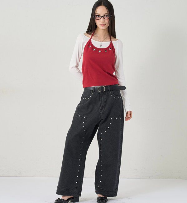  「アイレットホルターレイヤードトップス(無地/ボーダー/ドット)」|Tシャツ・カットソー|