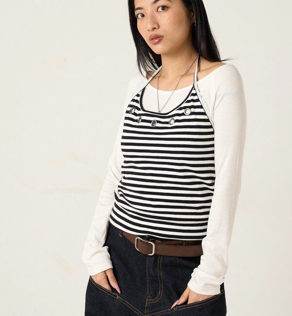  「アイレットホルターレイヤードトップス(無地/ボーダー/ドット)」|Tシャツ・カットソー|