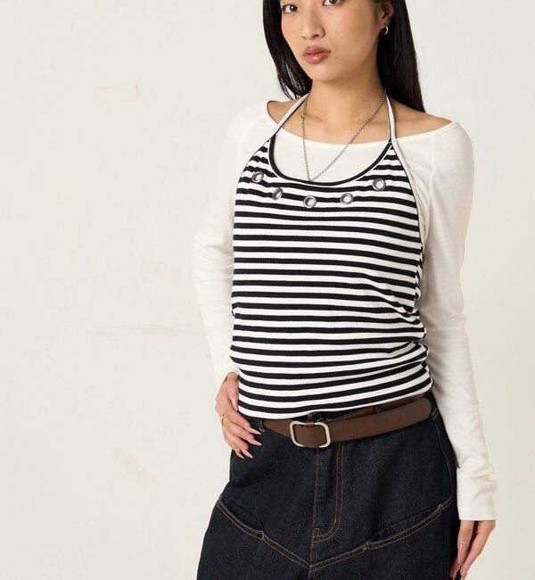  「アイレットホルターレイヤードトップス(無地/ボーダー/ドット)」|Tシャツ・カットソー|