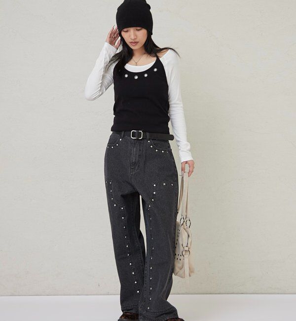  「アイレットホルターレイヤードトップス(無地/ボーダー/ドット)」|Tシャツ・カットソー|