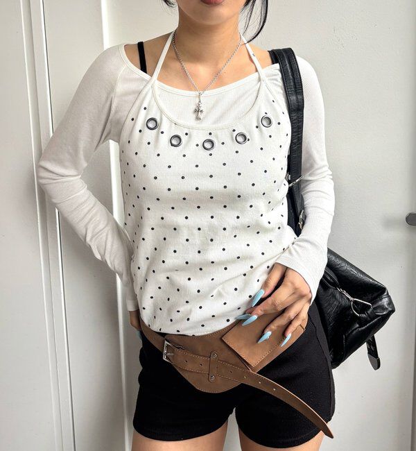  「アイレットホルターレイヤードトップス(無地/ボーダー/ドット)」|Tシャツ・カットソー|