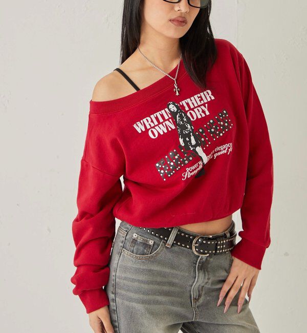  「エリオットラインストーンコンパクトオフショル 」|Tシャツ・カットソー|レッド