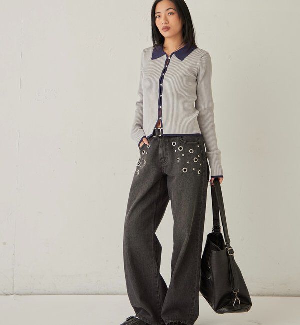  「バイカラー襟付きリブナローカーデ」|カーディガン|