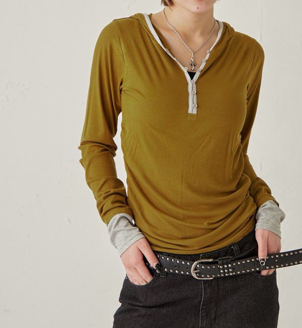  「【WEB限定】バイカラーヘンリーフーディ」|パーカー|カーキ