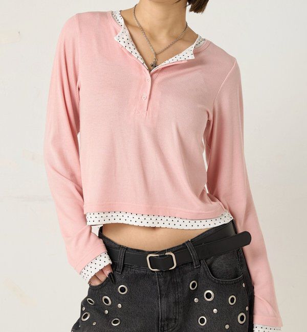  「【WEB限定カラーあり/ドット柄】レイヤードヘンリートップス」|Tシャツ・カットソー|ピンクその他1