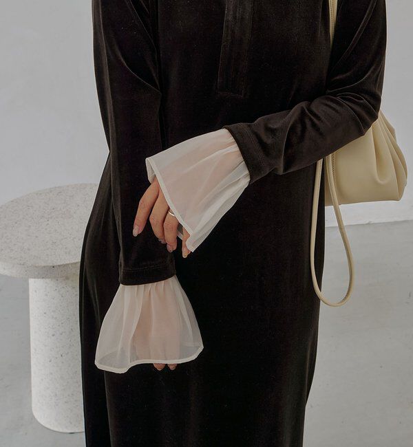  「【低身長サイズあり】フレアスリーブベロアワンピース」|ワンピース|