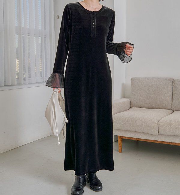  「【低身長サイズあり】フレアスリーブベロアワンピース」|ワンピース|ブラック