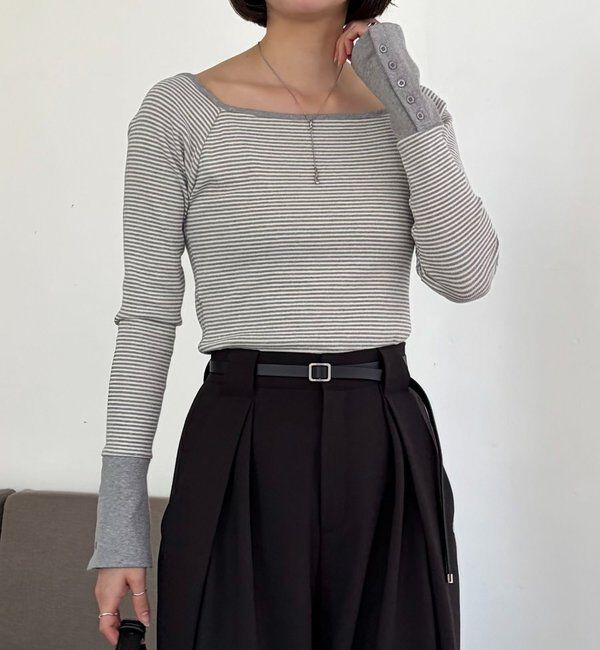  「ボーダー袖ボタンロンT」|Tシャツ・カットソー|グレー