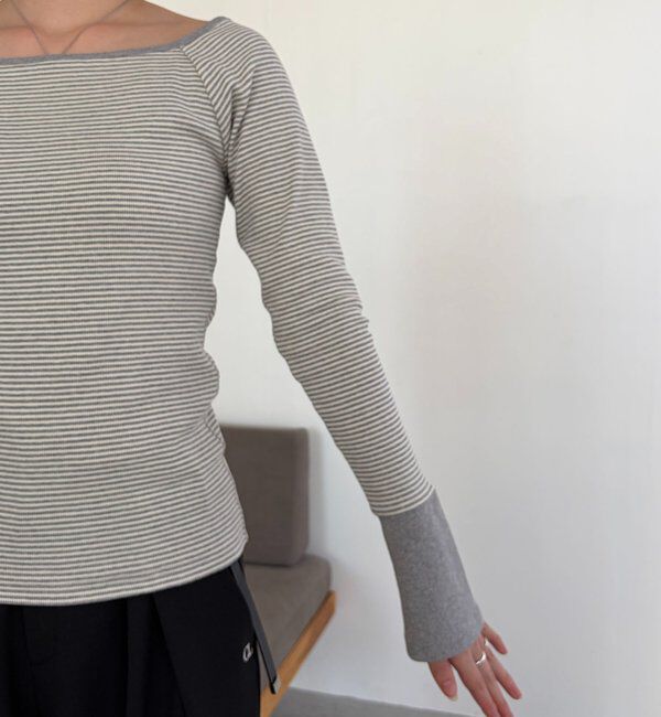  「ボーダー袖ボタンロンT」|Tシャツ・カットソー|