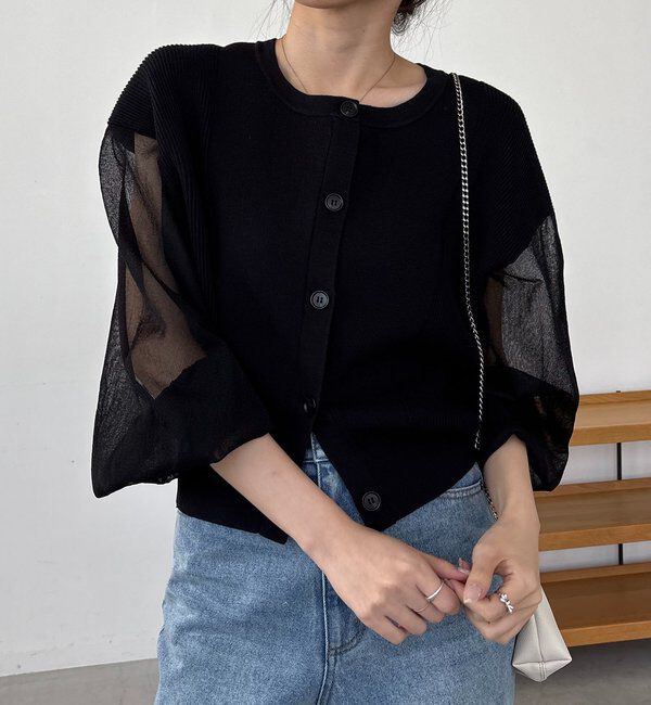  「【WEB/ルミネエスト新宿限定カラー・ピンク】シアースリーブショートカーディガン」|カーディガン|