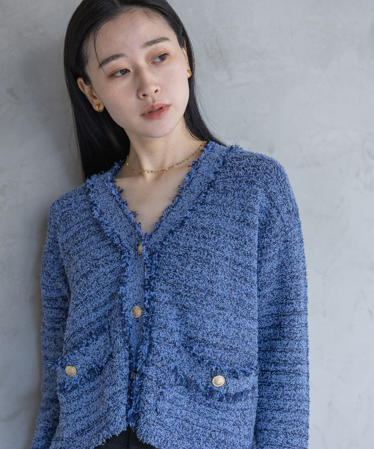 A part by 「フリンジツイードニットVネックカーディガン」|ニット・セーター|ブルー