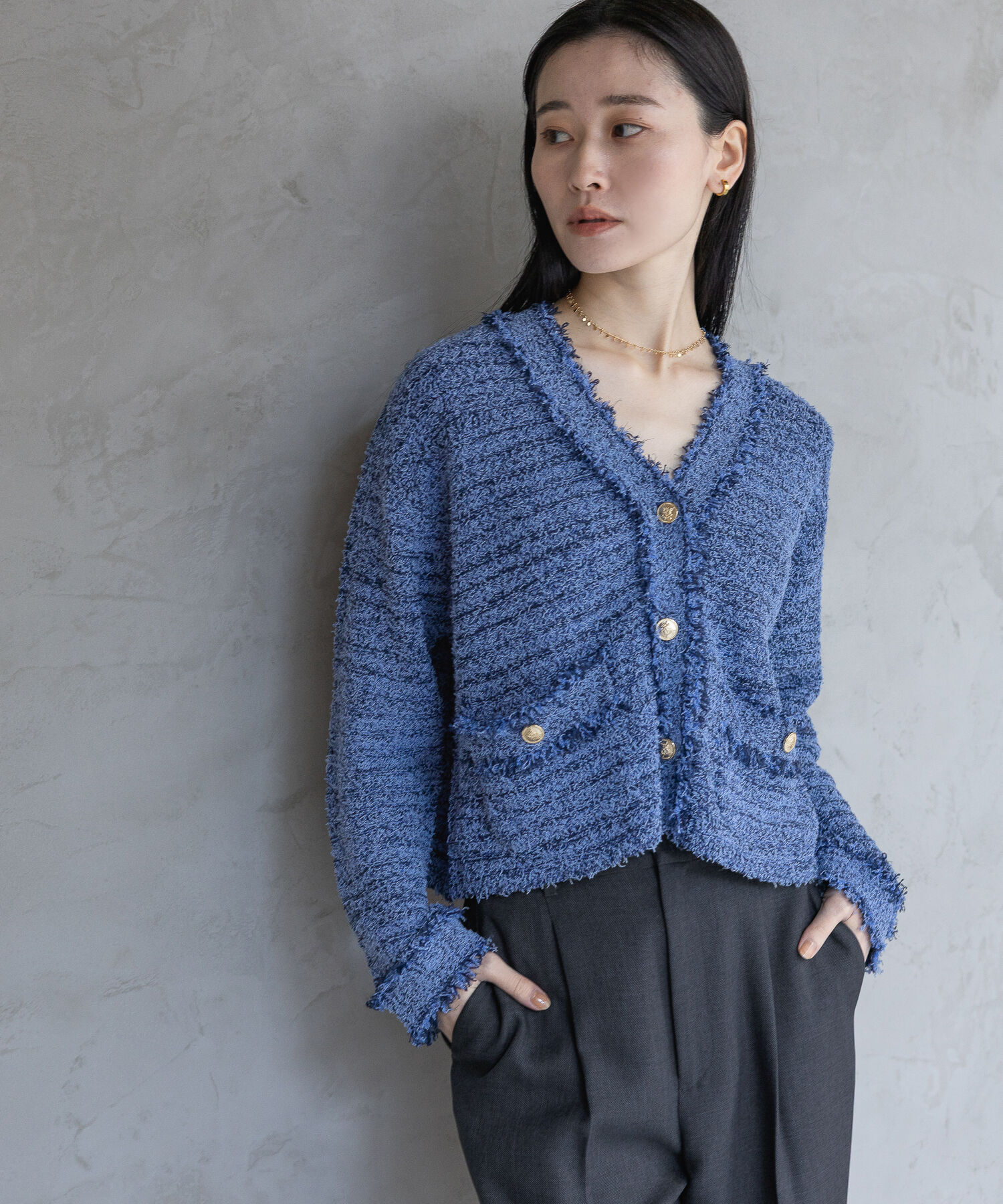 A part by 「フリンジツイードニットVネックカーディガン」|ニット・セーター|