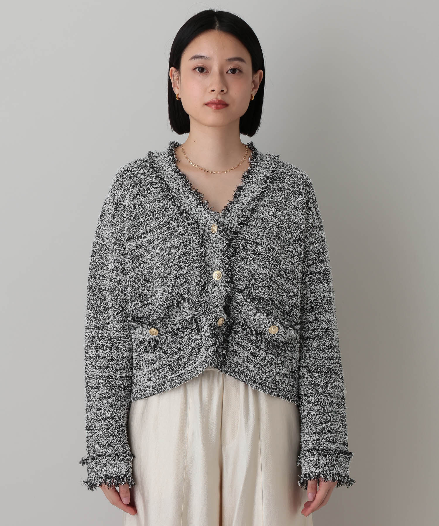 A part by 「フリンジツイードニットVネックカーディガン」|ニット・セーター|