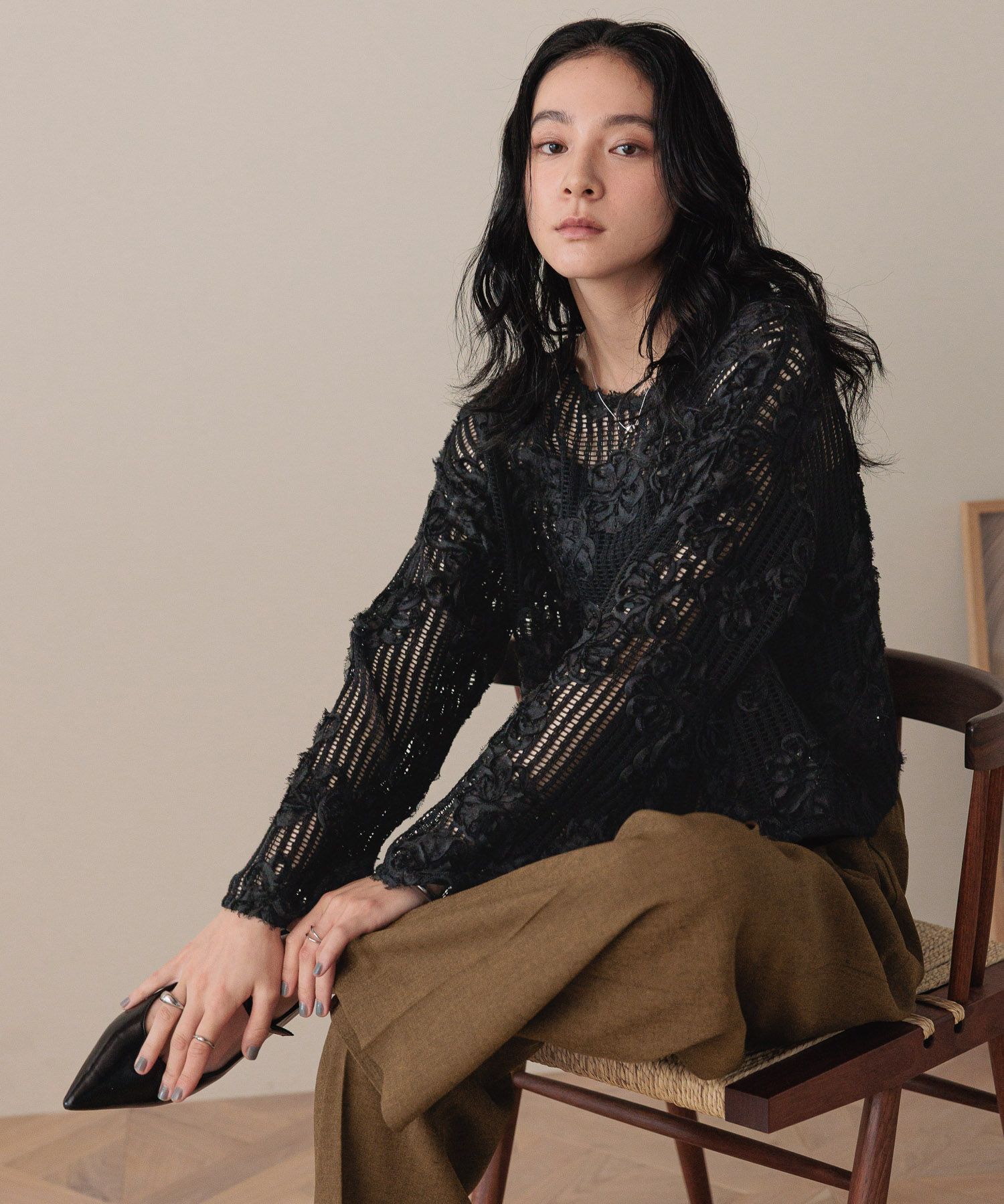 LOWRYS FARM「３ＤレースプルオーバーＬＳ」|Tシャツ・カットソー|BLK