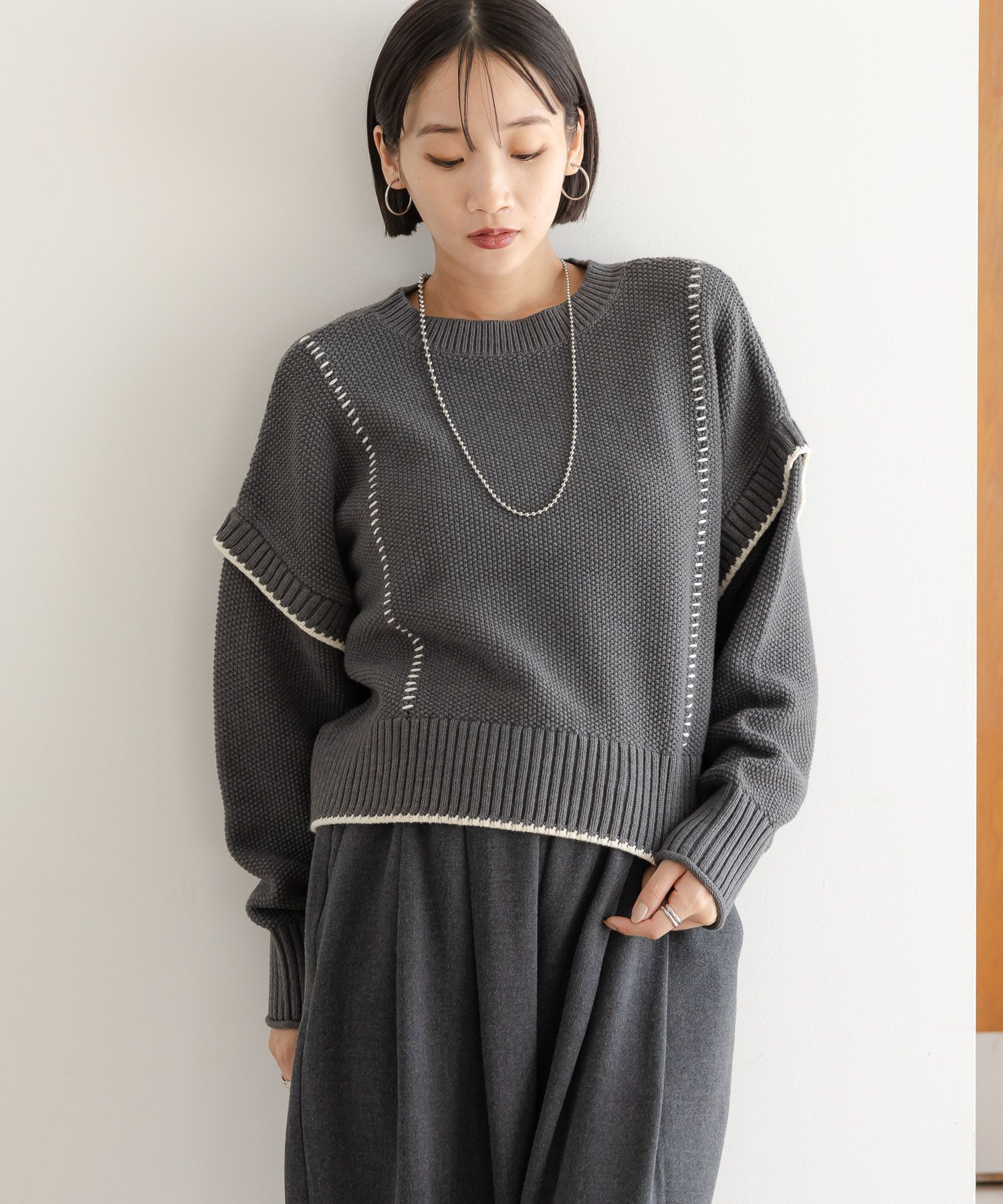 LOWRYS FARM「【前後着用可能】２ＷＡＹハイショクステッチプルオーバー」|ニット・セーター|グレー５