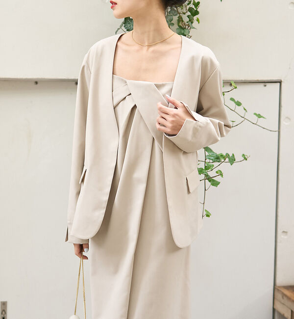 Rouge vif「【一部店舗限定】【2点セット】シングルジャケット&times;キャミワンピSET」|ノーカラージャケット|グレージュ