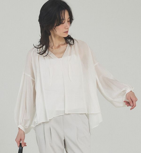 qualite「【シルク混で上品】ブライトローンボリュームシアーブラウス」|シャツ・ブラウス|オフホワイト