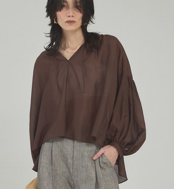 qualite「【シルク混で上品】ブライトローンボリュームシアーブラウス」|シャツ・ブラウス|