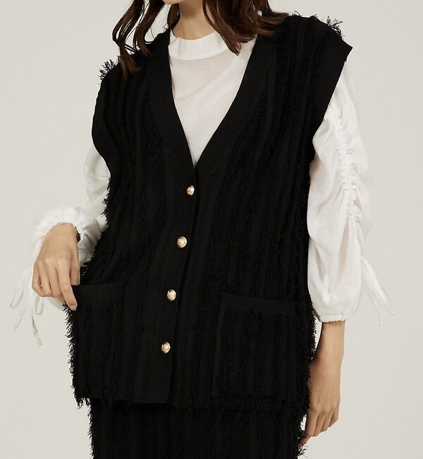 abahouse mavie「【セットアップ対応】フリンジニットジレ/ベスト」|ベスト・ジレ|ブラック