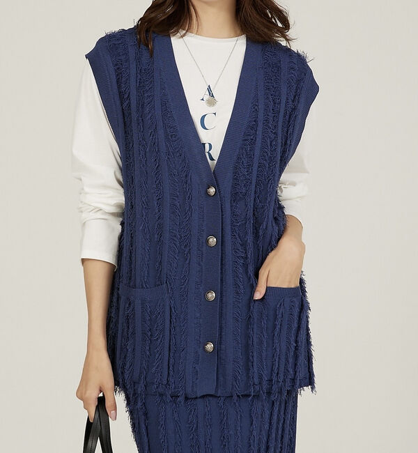 abahouse mavie「【セットアップ対応】フリンジニットジレ/ベスト」|ベスト・ジレ|ブルー